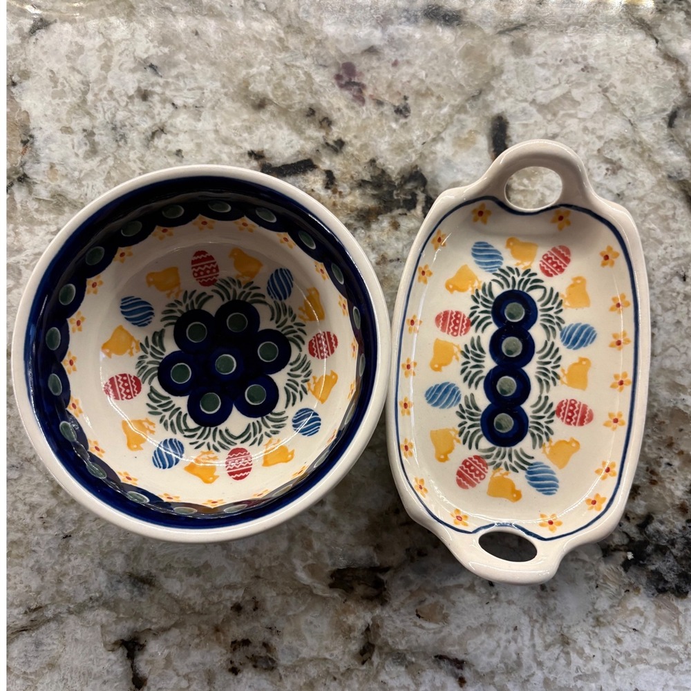 Wiza Polish Pottery Easter Bowl and Tray Set Cream Blue EUC